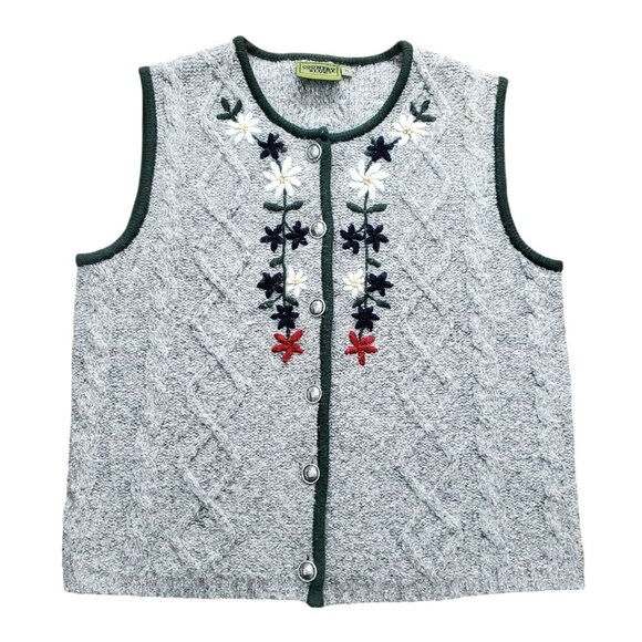 VTG Knit Sweater Vest Embroidered Flowers Gray Country Blue Wool Blend Womens M - Picture 1 of 11